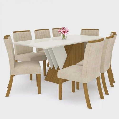 Conjunto Sala de Jantar Mesa Tampo mdf e Vidro 8 Cadeiras Itália Espresso Móveis