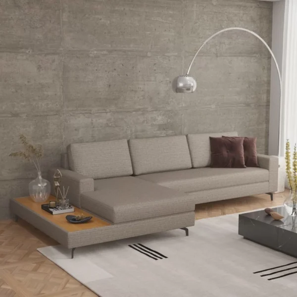 Sofá em Linho 292cm Chaise Esquerdo e Deck Loft