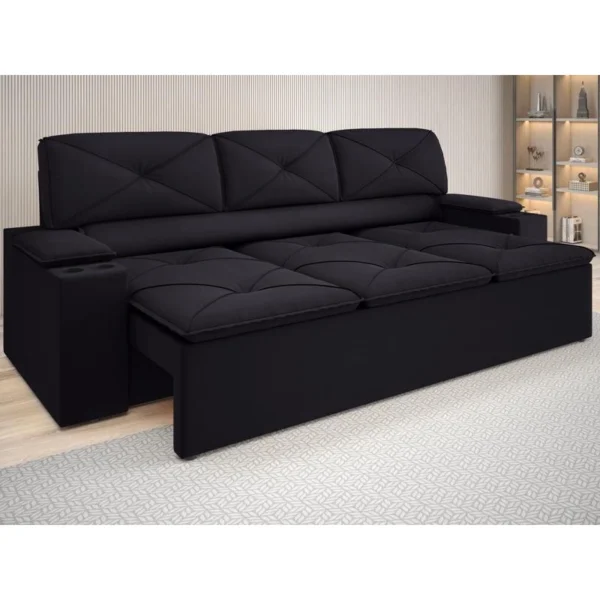 Sofá com Porta Copos Retrátil e Reclinável Pop 2,05m Velosuede Preto - netsofas